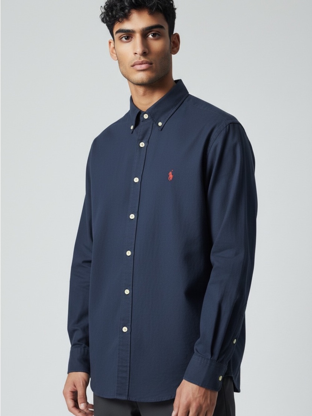 Ralph Lauren Navy Button-Down Oxford Shirt with Red Pony